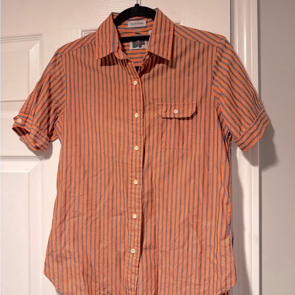 DVF Orange and Blue Striped Shortsleeve Shirt Women’s Button Down